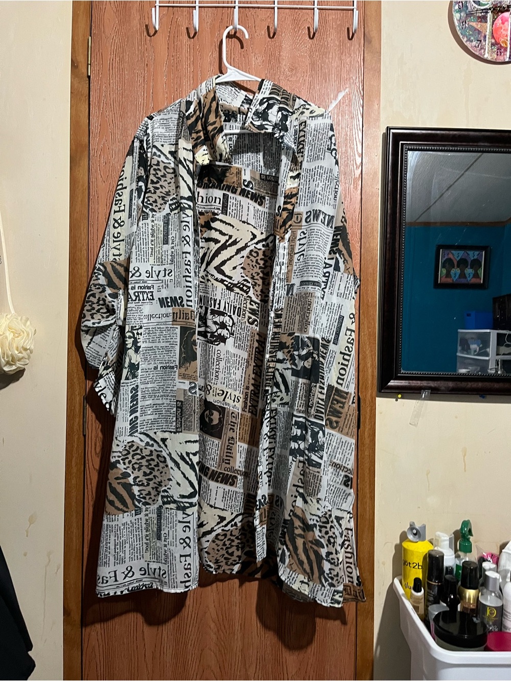 Newspaper Print Button-Up Shirt in Black & Brown